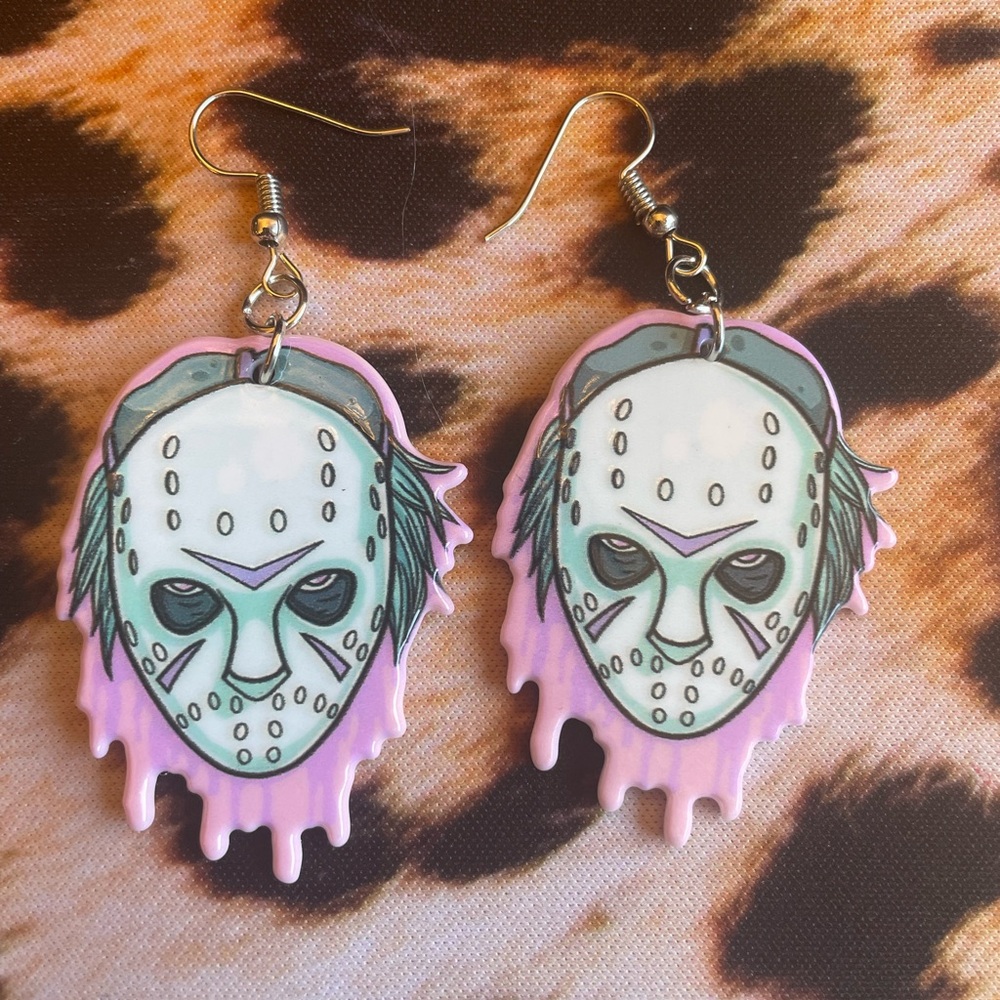 Jason Voorhees Horror Mask Dangle Earrings New Hypoallergenic Pink